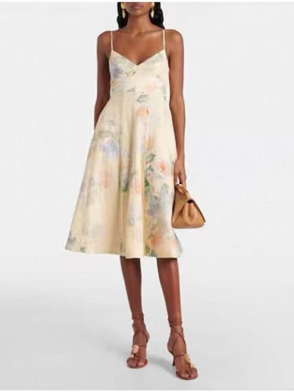 Zimmermann Floral Linen Midi Dress Size 2 Spaghetti Strap Summer